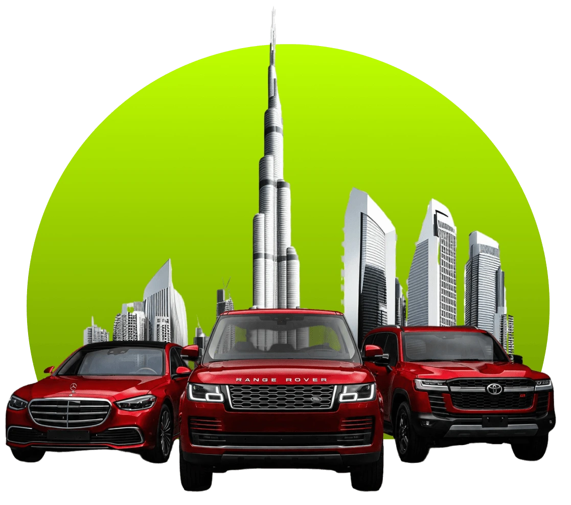 Red SUV in front of the Dubai skyline